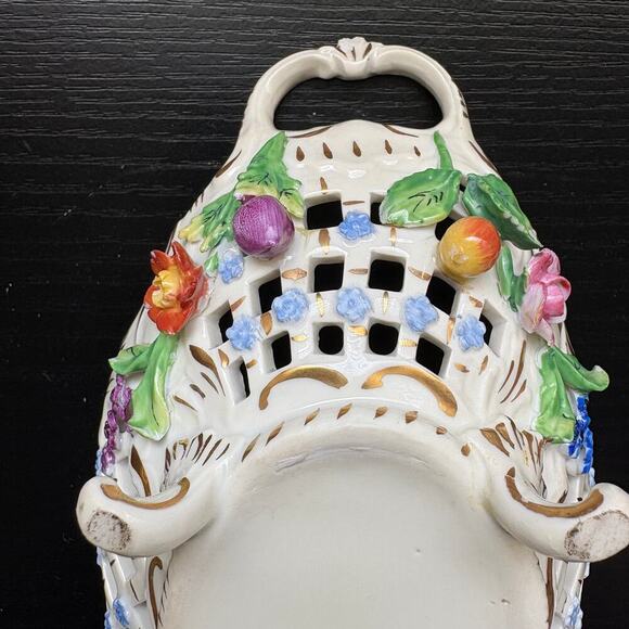 Antique Dresden Carl Thieme Signed Lattice Oval Bowl w/ Porcelain Flowers READ - Picture 6 of 12